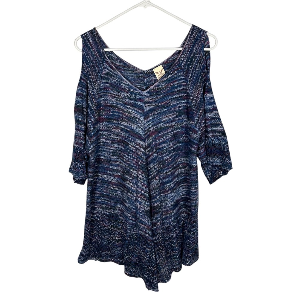 Faded Glory Womens XXL Blue Space Dye Cold Shoulder Tunic Sweater Lace Trim